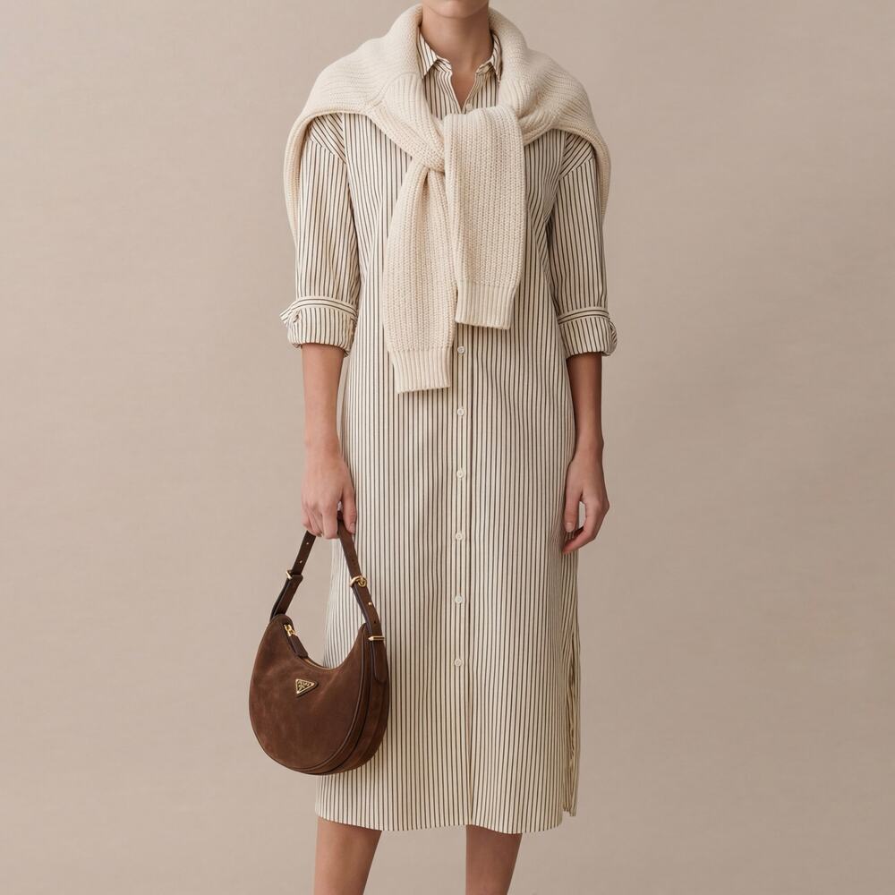 Few Moda Ash Stripe Midi Shirt Dress Cream Brown XS Classic Travel Earthy Resort